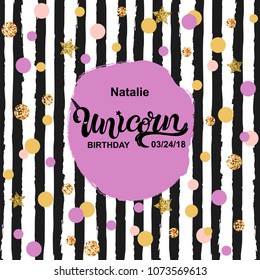 Unicorn birthday text isolated on striped background. Hand drawn Unicorn lettering as logotype, badge, patch, icon. Template for Unicorn party, birthday, invitation, flyers, baby birth.