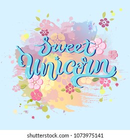 Unicorn Birthday text isolated on pastel colored background. Hand drawn Unicorn lettering as logotype, badge, patch, icon. Template for Unicorn party, birthday, invitation, flyers, baby birth.