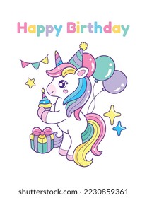 Unicorn birthday vector illustration for card and invitation