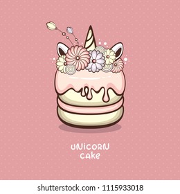 Unicorn biscuit cake with creative decoration. Dessert vector illustration. Concept Logo for confectionery and bakery. Sweet food collection.