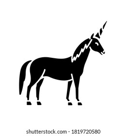 Unicorn black glyph icon. Mythical creature, fairy tale animal mascot. Childish fantasy animal, kids fable silhouette symbol on white space. Magical horse with horn vector isolated illustration