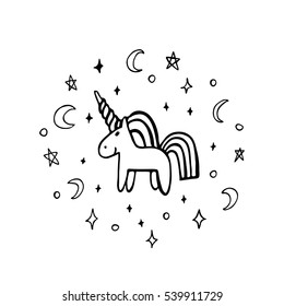 Unicorn of black ink on a white background. It can be used for website design, article, phone case, poster, t-shirt, mug etc.
