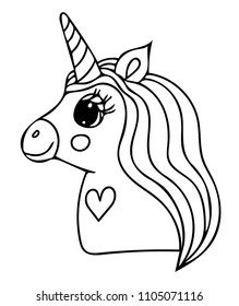 Unicorn black line isolated. Magical cute animal. Vector artwork. Coloring book pages for adults and kids. For wedding invitation card, ticket, branding, boutique logo, label.