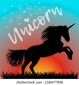 Unicorn. Black silhouette of horse with a horn. Vector illustration.