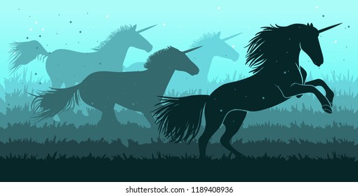 Unicorn. Black silhouette of horse with a horn. Vector illustration.