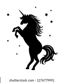 Unicorn black silhouette isolated on white background. Vector silhouette background animal mythology illustration