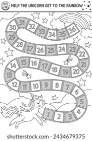 Unicorn black and white dice board game with cute rainbow and falling stars. Fairytale boardgame with fantasy animal, sky, clouds.  Magic world printable line activity, worksheet, coloring page
