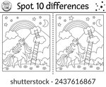 Unicorn black and white find differences game for children. Fairytale line activity with horse with horn, rainbow, magic night landscape background. Cute coloring page puzzle for kids
