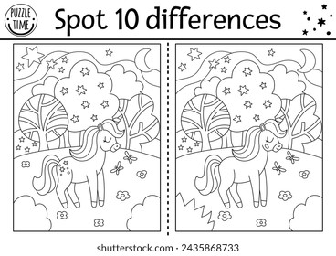 Unicorn black and white find differences game for children. Fairytale line activity with horse with horn, magic forest. Cute coloring page puzzle for kids with funny fantasy character
