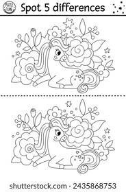 Unicornio blanco y negro encontrar diferencias juego. Actividad de línea de cuento de hadas con caballo sentado con cuerno con fondo de flores. Lindo rompecabezas de página para colorear para niños con divertido personaje de fantasía
