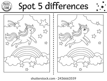 Unicornio blanco y negro encontrar juego de diferencias para los niños. Actividad de línea de cuento de hadas con caballo saltando a través del arco iris, fondo de paisaje nocturno mágico. Lindo rompecabezas para colorear para niños  
