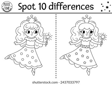 Unicorn black and white find differences game for children. Fairytale line activity with fairy girl holding magic wand. Cute puzzle for kids with fantasy character. Printable worksheet, coloring page
