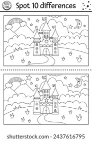 Unicorn black and white find differences game for children. Fairytale line activity with castle, rainbow, magic kingdom, night landscape. Cute coloring puzzle for kids with funny fantasy character
