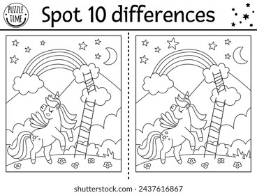 Unicorn black and white find differences game for children. Fairytale line activity with horse with horn, rainbow, magic night landscape background. Cute coloring page puzzle for kids
