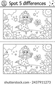 Unicorn black and white find differences game. Fairytale line activity with fairy girl dancing on meadow with magic wand, flower background. Cute coloring page puzzle for kids with fantasy character