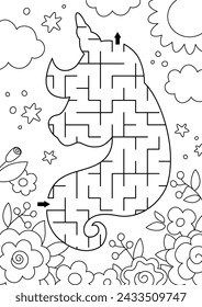 Unicorn black and white geometrical maze for kids. Fairytale line preschool printable activity shaped as horse head with garden flower, sun, sky. Magic fantasy labyrinth game puzzle, coloring page