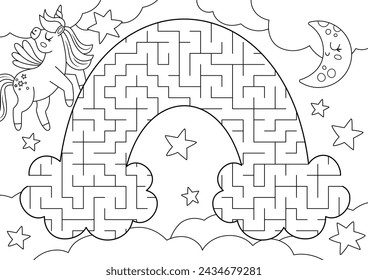 Einhorn Schwarz-Weiß geometrisches Labyrinth für Kinder. Märchenhafte Linie Vorschule druckbare Aktivität in Form von Regenbogen. Magie oder Fantasie Labyrinth Spiel Puzzle oder Malseite mit Sternen, Wolken, Halbmond
