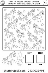 Unicorn black and white logic game with right and left concept for kids. Line I spy searching, counting activity with cute horse. Fairytale printable space orientation worksheet, coloring page
