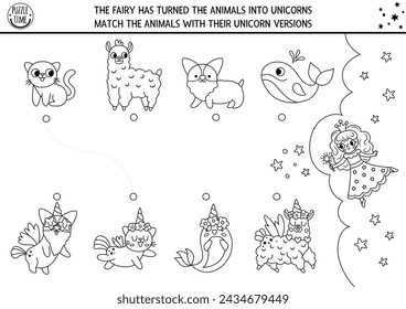 Unicorn black and white matching activity with fantasy creatures with horns. Fairytale puzzle with cat, dog, llama. Match the animals game or printable worksheet. Magic match up coloring page
