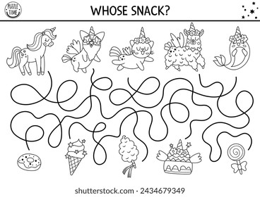 Unicorn black and white maze for kids with fantasy animals with horns and dessert snacks. Magic world printable activity, coloring page with cat, dog, llama, sweets. Fairytale labyrinth game, puzzle
