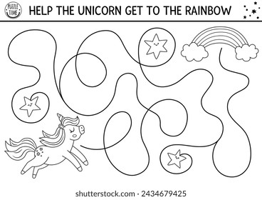 Unicorn black and white maze for kids with fantasy horse with horn running to rainbow. Magic line preschool printable activity with stars. Simple fairytale labyrinth game, puzzle, coloring page