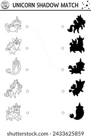 Unicorn black and white shadow matching activity with animals with horns. Magic world puzzle. Find correct silhouette printable worksheet, game. Fairytale coloring page for kids with cat, dog
