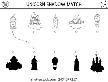 Einhorn Schwarz-Weiß Schatten passende Aktivität mit Schloss, Märchenhaus auf Wolke, Türme. Zauberwelt Puzzle. Korrektes druckbares Silhouettenarbeitsblatt suchen. Märchenhafte Malseite für Kinder
