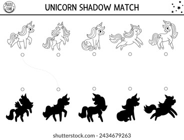 Unicorn black and white shadow matching activity. Magic world puzzle with cute characters. Find correct silhouette printable line worksheet, game. Fairytale coloring page for kids
