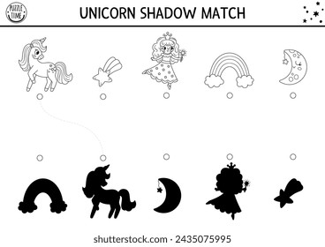 Unicorn black and white shadow matching activity with rainbow, fairy, falling star. Magic world puzzle. Find correct silhouette printable worksheet, game. Fairytale coloring page for kids
