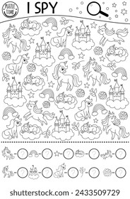 Unicorn black and white I spy game for kids. Searching and counting activity with rainbow, castle, star, clouds. Magic, fantasy world printable worksheet or coloring page. Fairytale spotting puzzle
