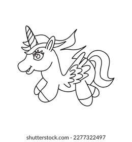 Einhorn.  Schwarz-Weiß-Vektorgrafik für das Farbbuch. Geburtskarte. Cute Cartoon Unicorn. Fantastisches Tier. Für die Gestaltung von Drucken, Plakaten, Aufklebern, Tätowierungen usw. Vektorgrafik
