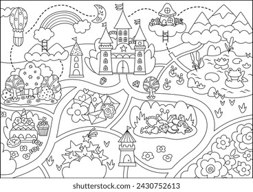 Unicorn black and white village map. Fairytale line background. Vector magic country coloring page with castle, rainbow, forest, pond, road. Fantasy world plan with fallen stars, treasures, sweets
 svg