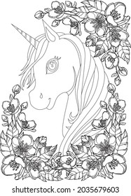 Unicorn and blossom flowers this is a beautiful horse animal its like a heaven animal 