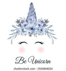 Unicorn blue greenery rose flower wreath, green leaves, frame. Spring ornament concept. Floral poster, invite. Vector layout decorative greeting card or invitation design watercolor background