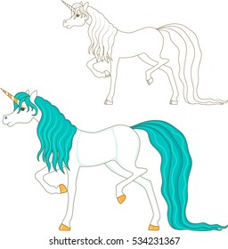 Unicorn with blue mane, coloring and color image 