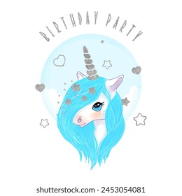 Unicorn with a blue mane. Invitation to a birthday party. Vector illustration