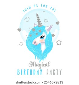 Unicornio con melena azul. Invitación a un cumpleaños. Ilustración vectorial