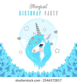 Unicornio con melena azul. Invitación a un cumpleaños. Ilustración vectorial