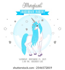 Unicornio con melena azul. Invitación a un cumpleaños. Ilustración vectorial