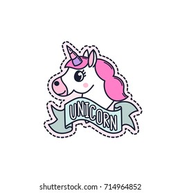 Unicorn with blue ribbon on a white background. It can be used for sticker, badge, card, patch, phone case, poster, t-shirt, mug etc.