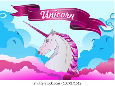 Unicorn in the blue sky with pink clouds, birds and the inscription