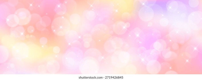 Unicorn bokeh background with glitter and rainbow gradient pattern. Soft pastel yellow, purple and pink colors with sparkling stars in magical atmosphere for fantasy fairy tale or dreamy girly design