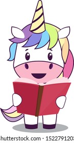 Unicorn with book, illustration, vector on white background.