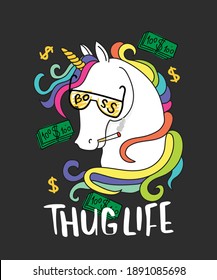 Unicorn with boss glasses thug life concept design for clothings, fashion graphics, t shirts, prints, posters and stickers