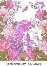 The unicorn, a bouquet of roses and butterflies on white background. Composition for a card, poster, banner. Stock vector.