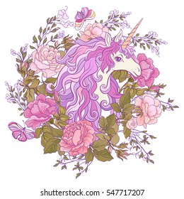 The unicorn, a bouquet of roses and butterflies on white background. Composition for a card, poster, banner. Stock vector.