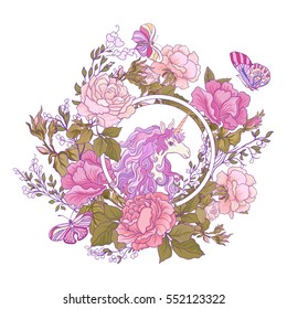 The unicorn, a bouquet of roses and butterflies on white background. Composition for a card, poster, banner. Stock vector.