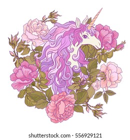 The unicorn, a bouquet of roses and butterflies on white background. Composition for a card, poster, banner. Stock vector.