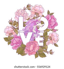 The unicorn, a bouquet of roses and butterflies on white background. Composition for a card, poster, banner. Stock vector.