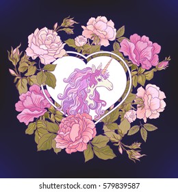 The unicorn, a bouquet of roses and butterflies on black background. Composition for a card, poster, banner. Stock vector.
